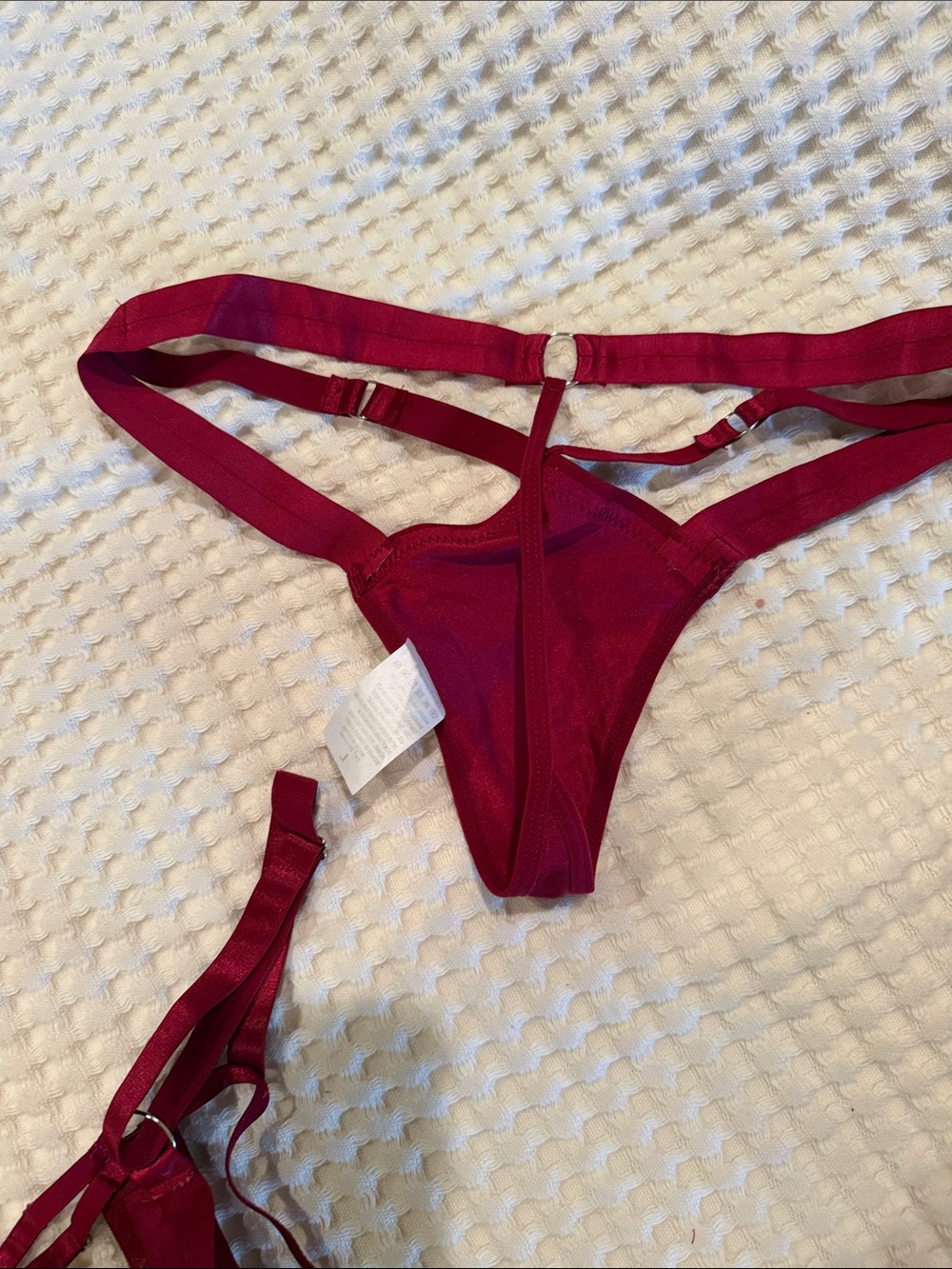 Strappy Lace-Up Bra, Thong & Garter Set in Burgundy - Picture 4 of 8
